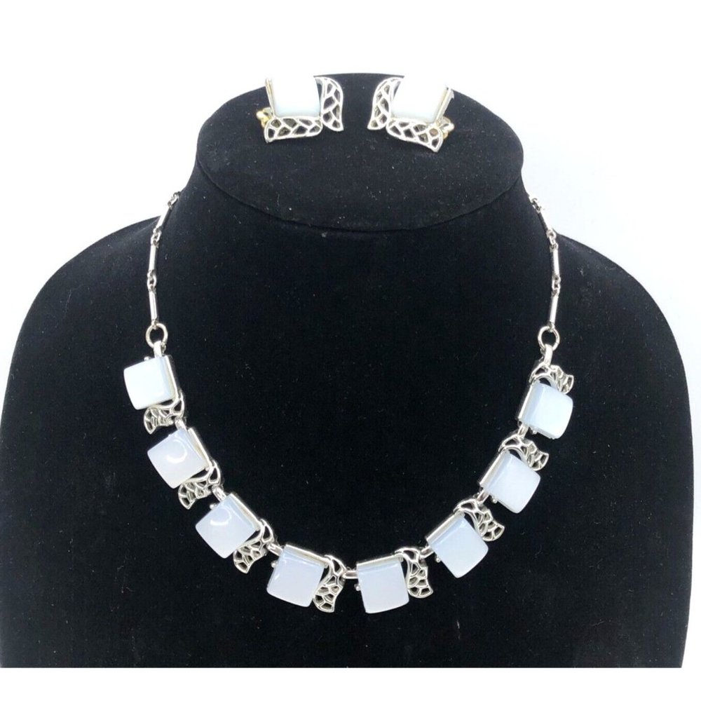 Vintage CORO Necklace Blue Square Lucite Moonglow Necklace and Clip Earrings